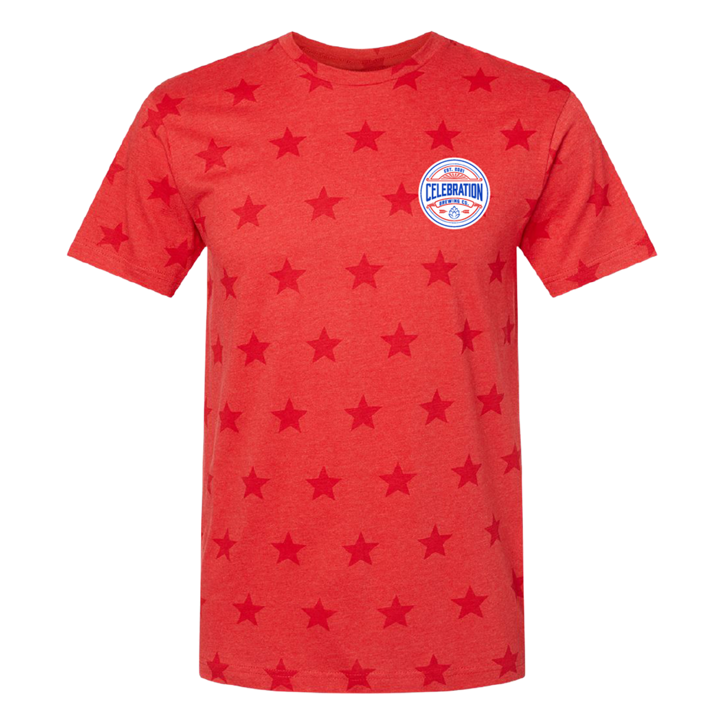 Red t-shirt with star pattern and a logo on a white background