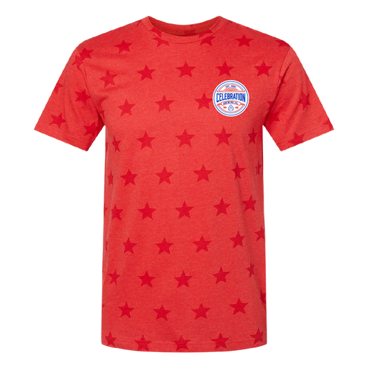 Red t-shirt with star pattern and a logo on a white background