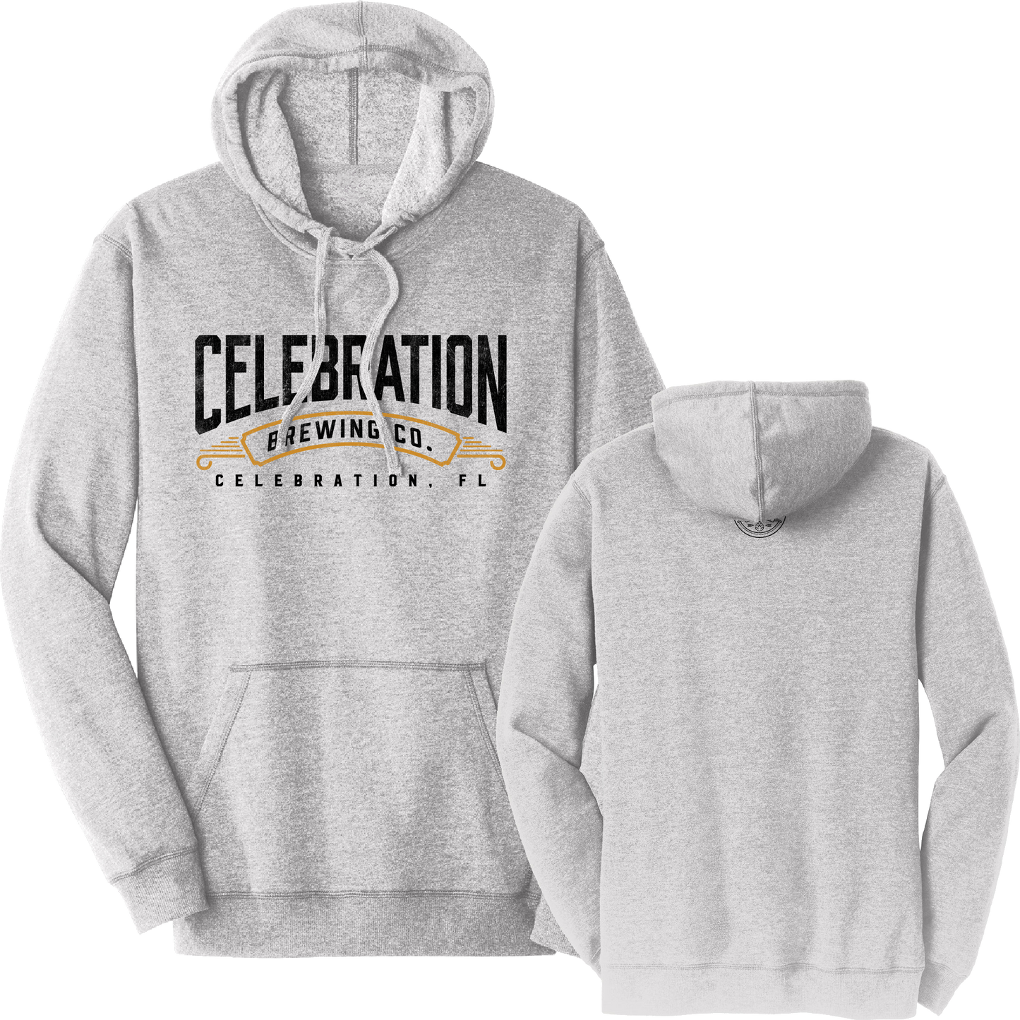 A light heather gray pullover hoodie shown from both front and back. The front features a black and gold graphic reading 'CELEBRATION BREWING CO.