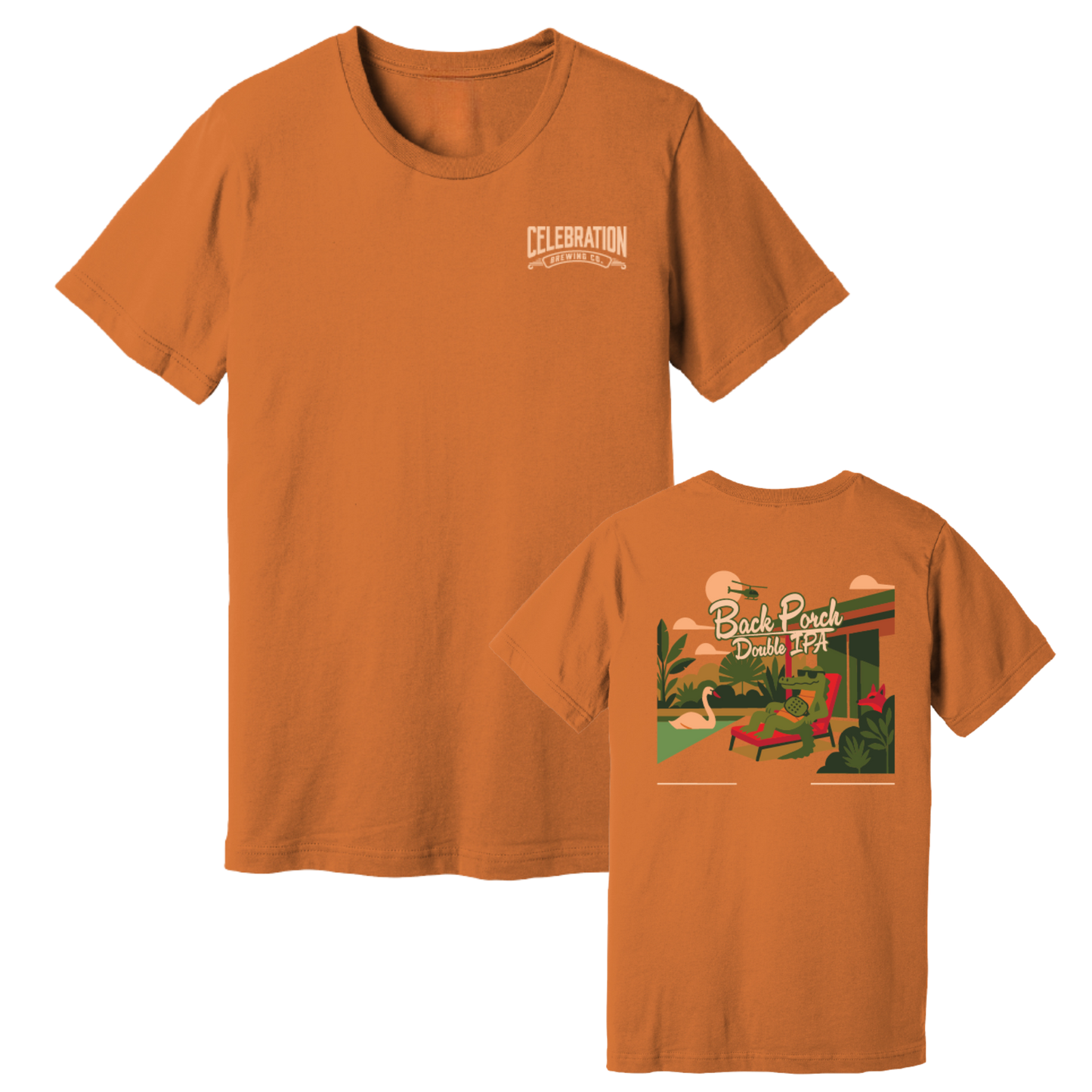 Celebration Brewing Company Back Porch T-Shirt Orange Both