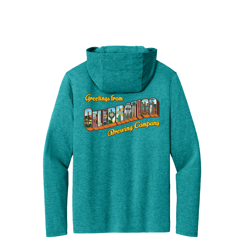 Celebration Brewing Company Greetings Hoodie Heather Teal Back