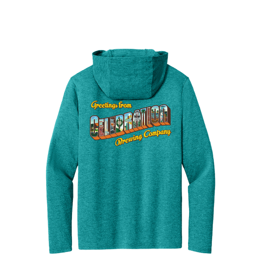 Celebration Brewing Company Greetings Hoodie Heather Teal Back