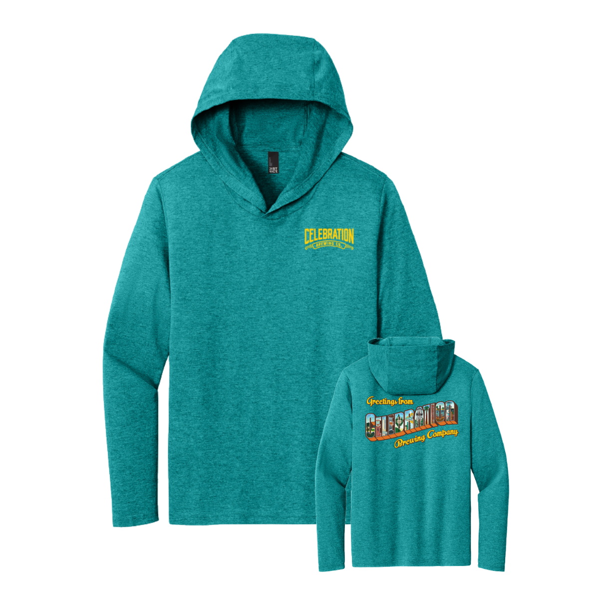 Celebration Brewing Company Greetings Hoodie Heather Teal Both