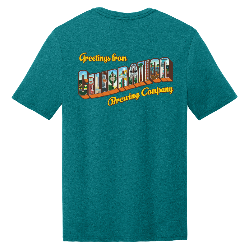 Celebration Brewing Company Greetings T-Shirt Heatherd Teal Back