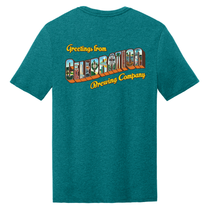 Celebration Brewing Company Greetings T-Shirt Heatherd Teal Back