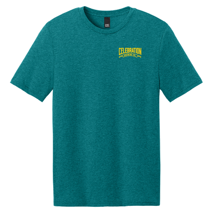 Celebration Brewing Company Greetings T-Shirt Heatherd Teal Front
