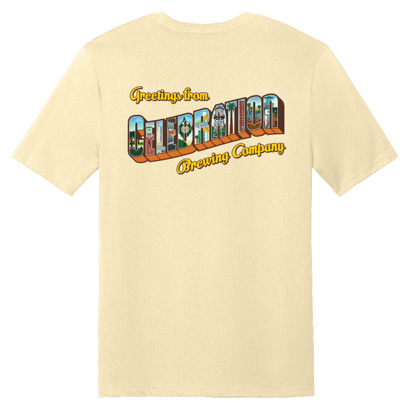 Celebration Brewing Company Greetings T-Shirt Soft Yellow Back