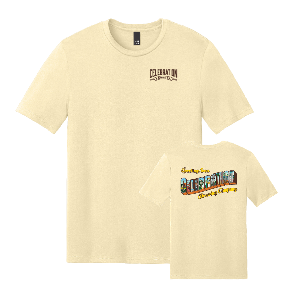 Celebration Brewing Company Greetings T-Shirt Soft Yellow Both