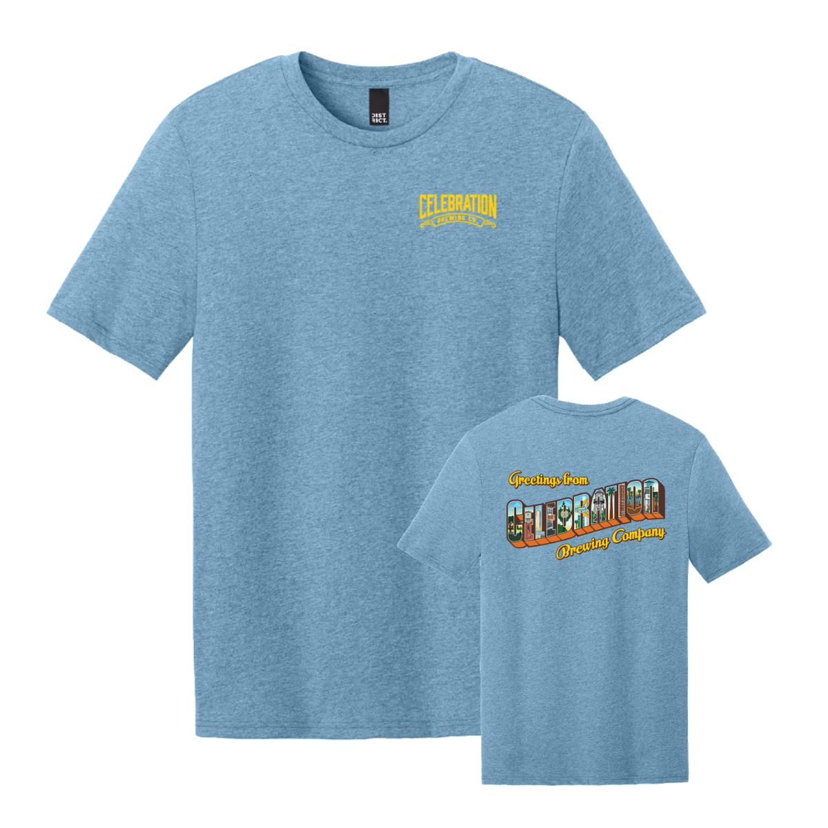 Celebration Brewing Company Greetings T-Shirt Tundra Blue Both