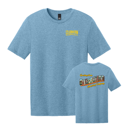 Celebration Brewing Company Greetings T-Shirt Tundra Blue Both