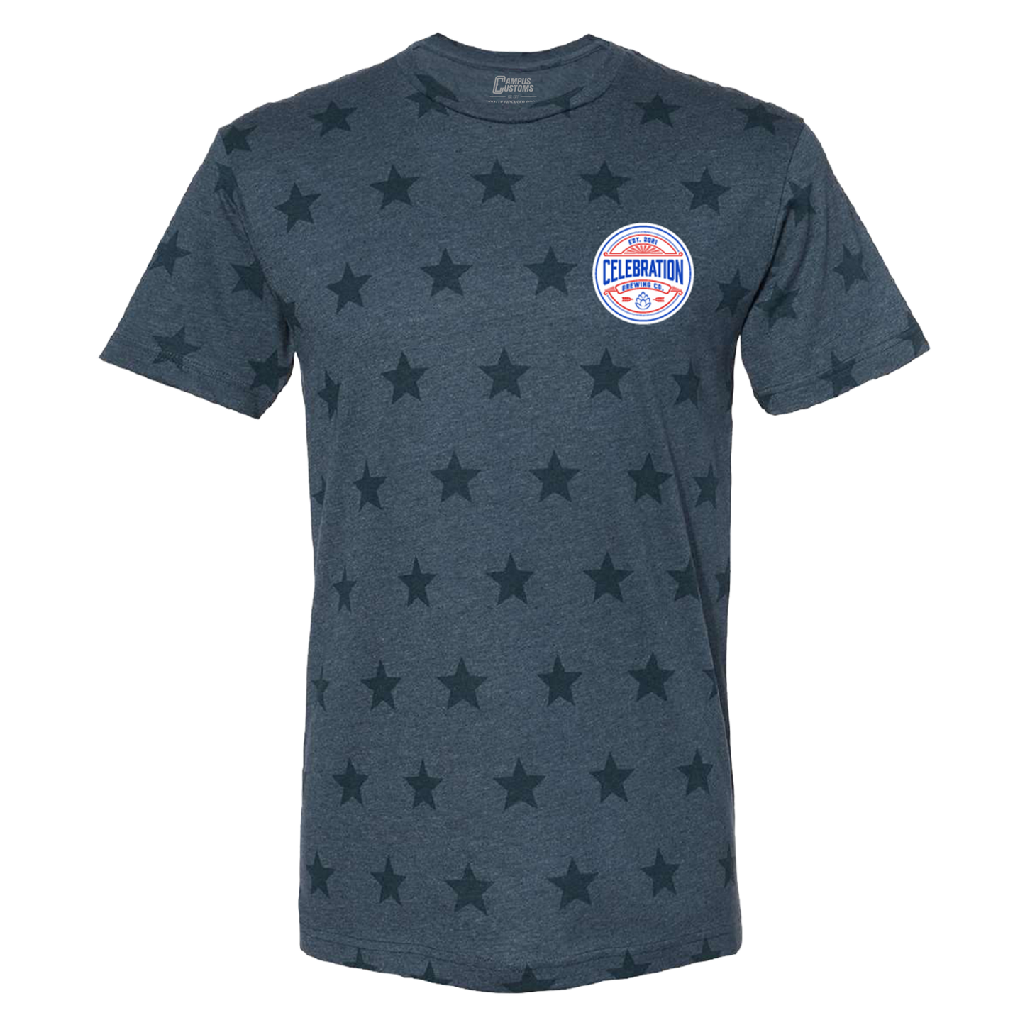 Navy blue t-shirt with star pattern and logo on a white background