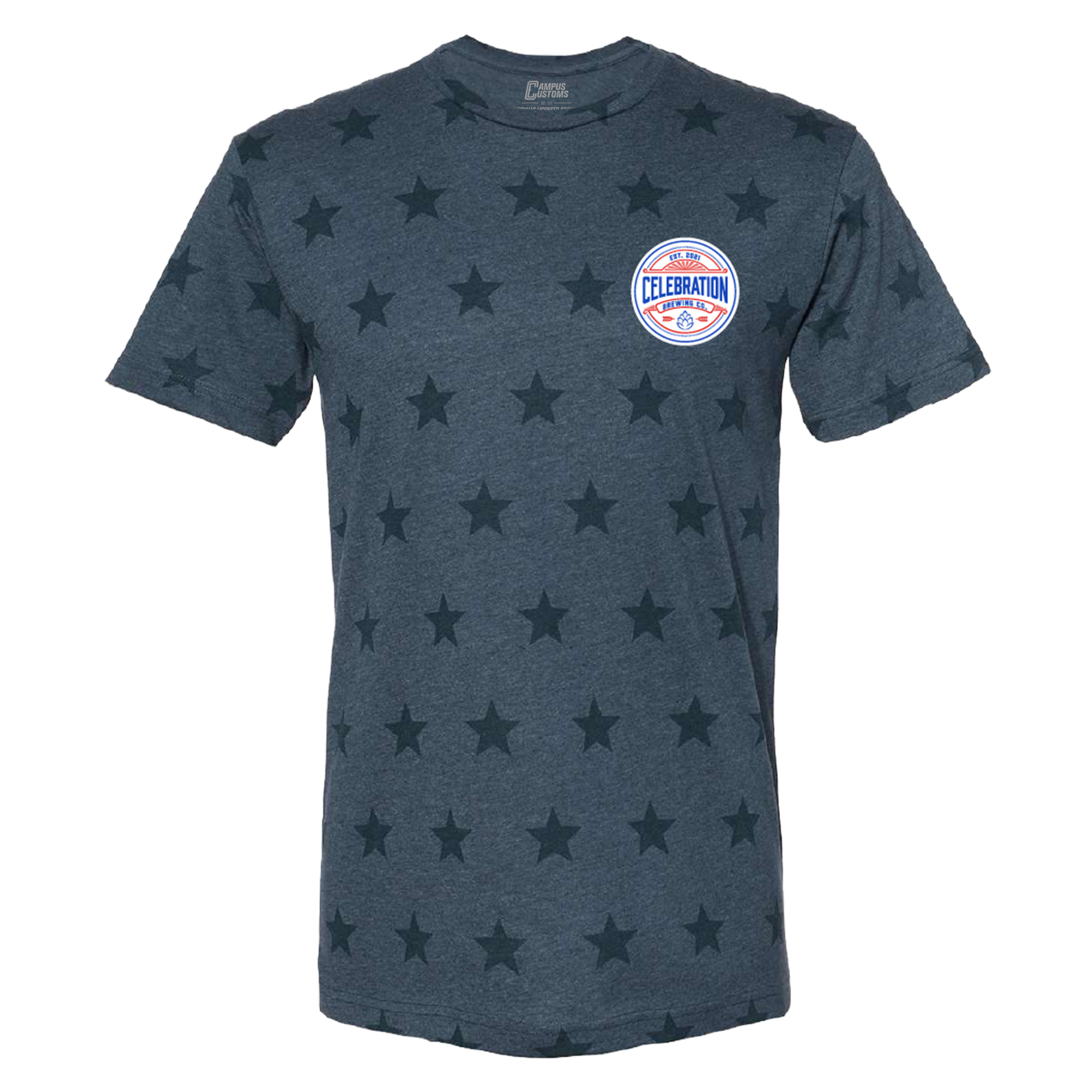 Navy blue t-shirt with star pattern and logo on a white background