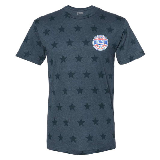 Navy blue t-shirt with star pattern and logo on a white background