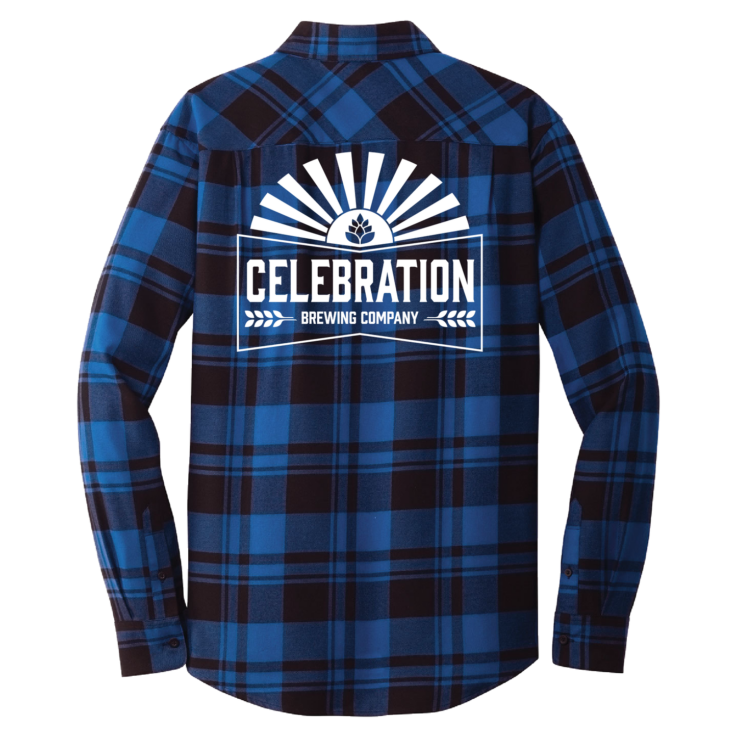 A long-sleeve plaid flannel shirt shown from the back, featuring a blue and black tartan pattern with a large white graphic print on the center that reads 'CELEBRATION BREWING COMPANY' with a sunburst and beer bottle icon.