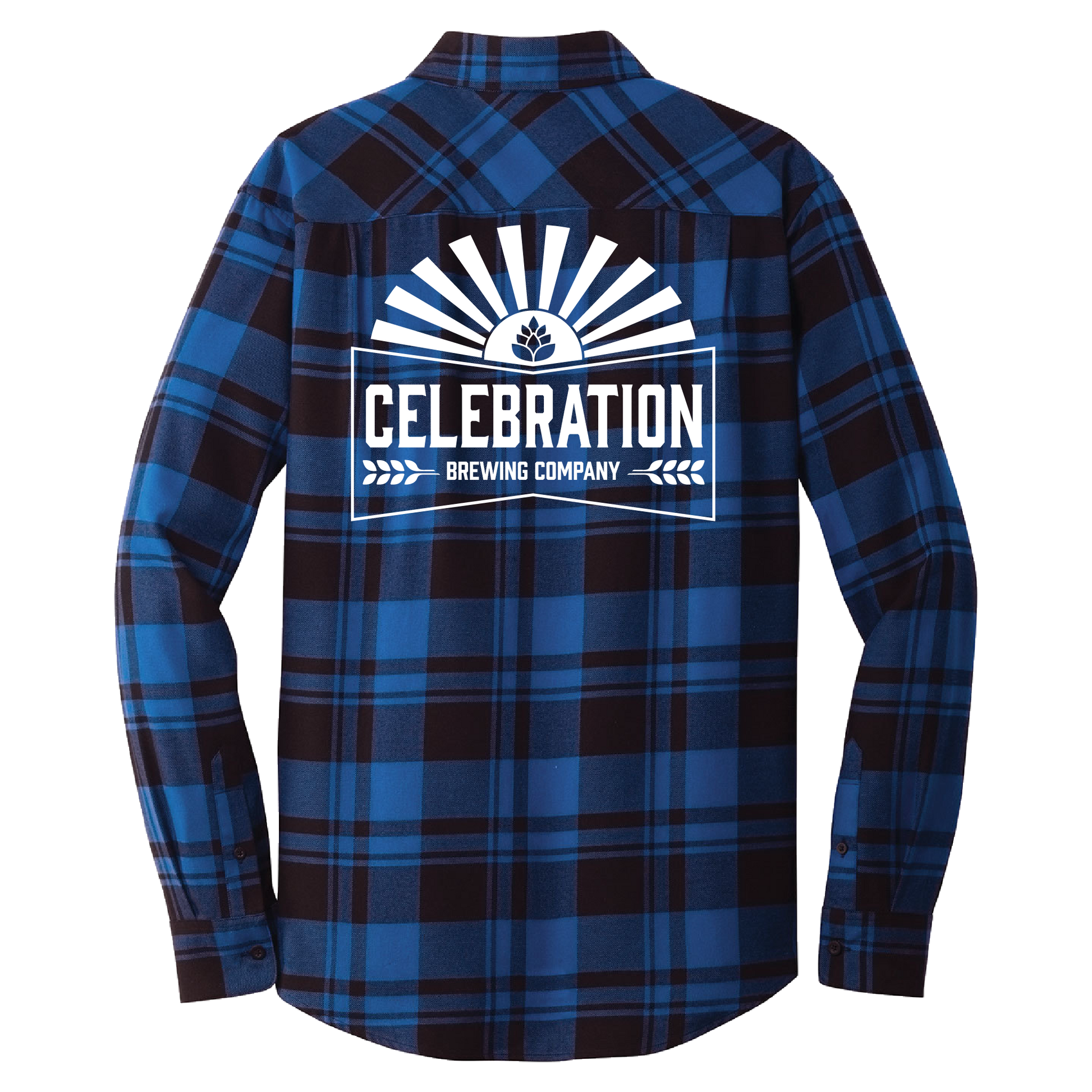A long-sleeve plaid flannel shirt shown from the back, featuring a blue and black tartan pattern with a large white graphic print on the center that reads 'CELEBRATION BREWING COMPANY' with a sunburst and beer bottle icon.