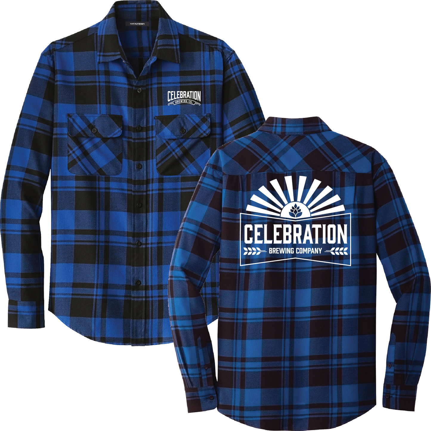 A blue and black plaid long-sleeve button-up shirt shown from both front and back. The front features a small white 'Celebration Brewing Company' logo on the left chest, and the back features a larger matching white logo with a sunburst design.