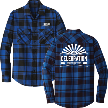 A blue and black plaid long-sleeve button-up shirt shown from both front and back. The front features a small white 'Celebration Brewing Company' logo on the left chest, and the back features a larger matching white logo with a sunburst design.