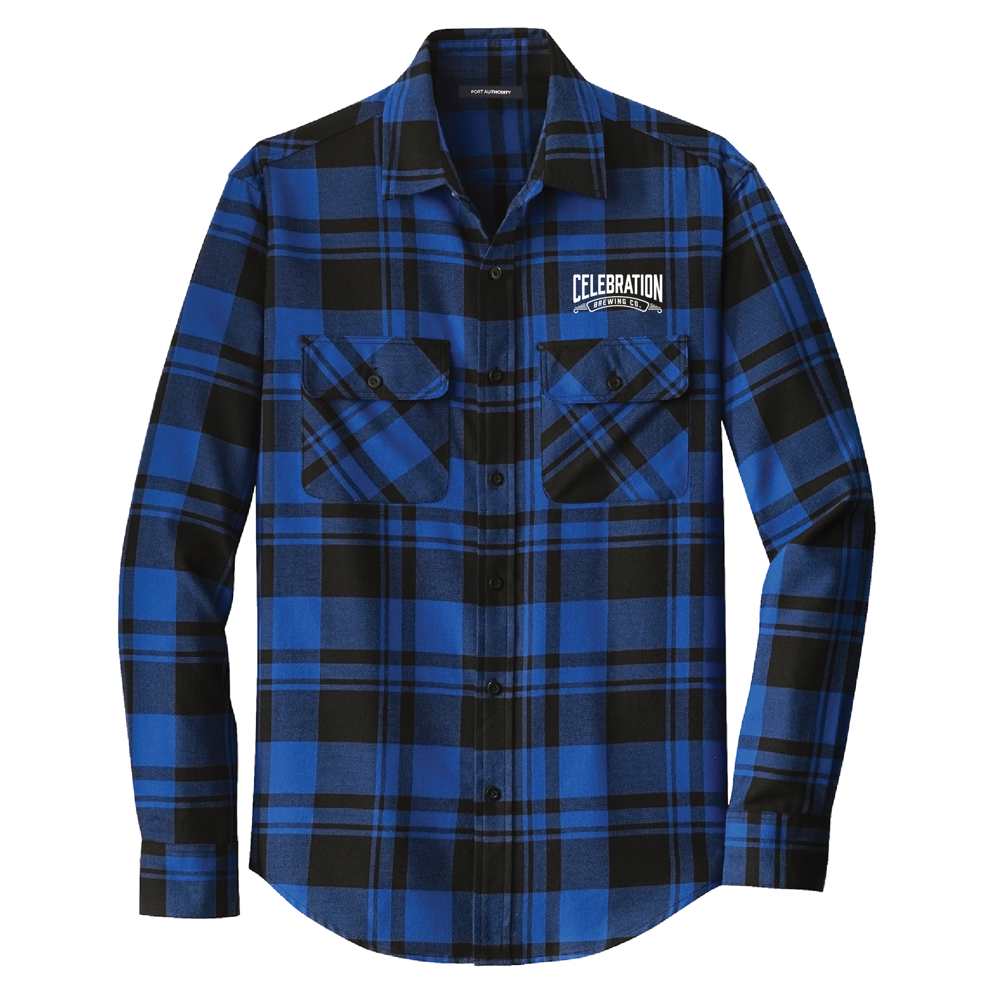 A long-sleeve button-up flannel shirt in a blue and black plaid pattern, featuring two buttoned chest pockets and a white 'CELEBRATION' logo patch on the left chest, displayed on a clean white background.
