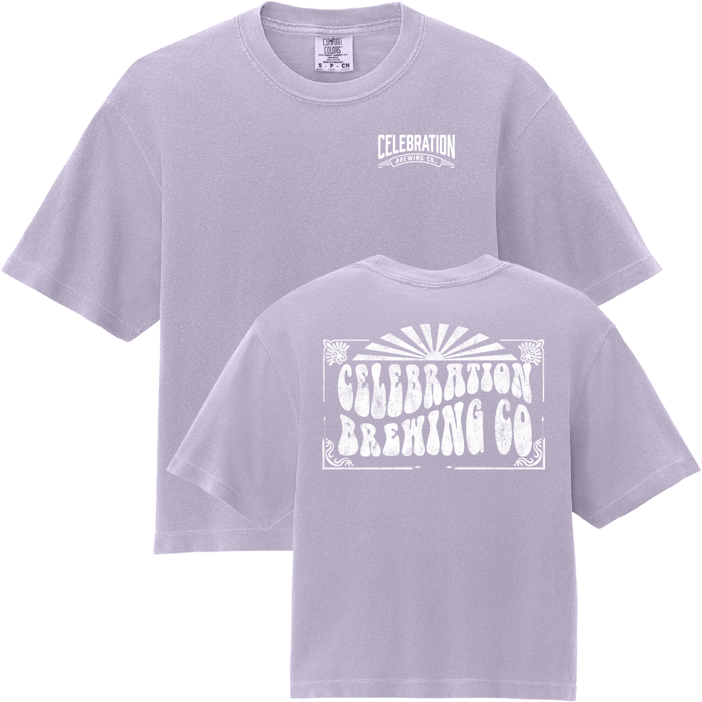 A light lavender crewneck t-shirt shown from both the front and back. The front features a small white 'Celebration Brewing Co' logo on the left chest, and the back features a large, distressed white graphic with the same brand name.