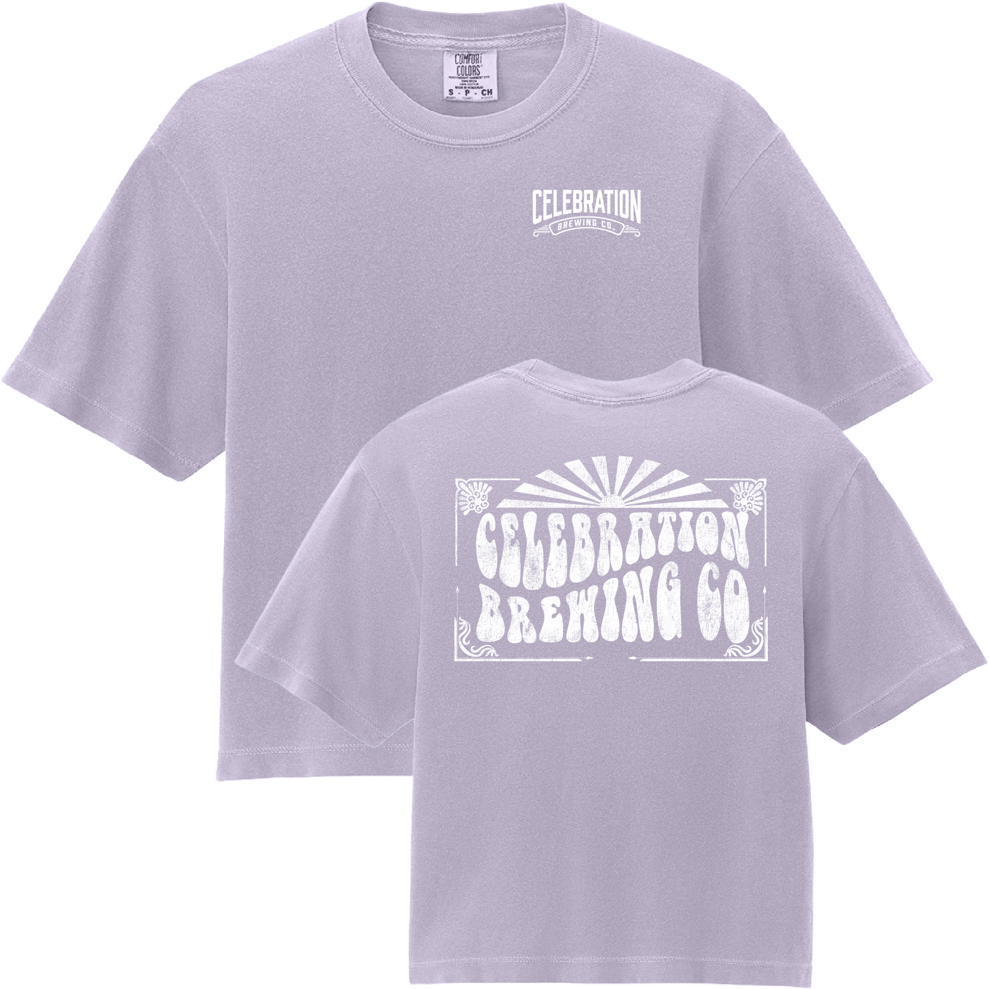 A light lavender crewneck t-shirt shown from both the front and back. The front features a small white 'Celebration Brewing Co' logo on the left chest, and the back features a large, distressed white graphic with the same brand name.