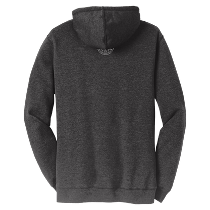 Back view of a gray hoodie on a white background