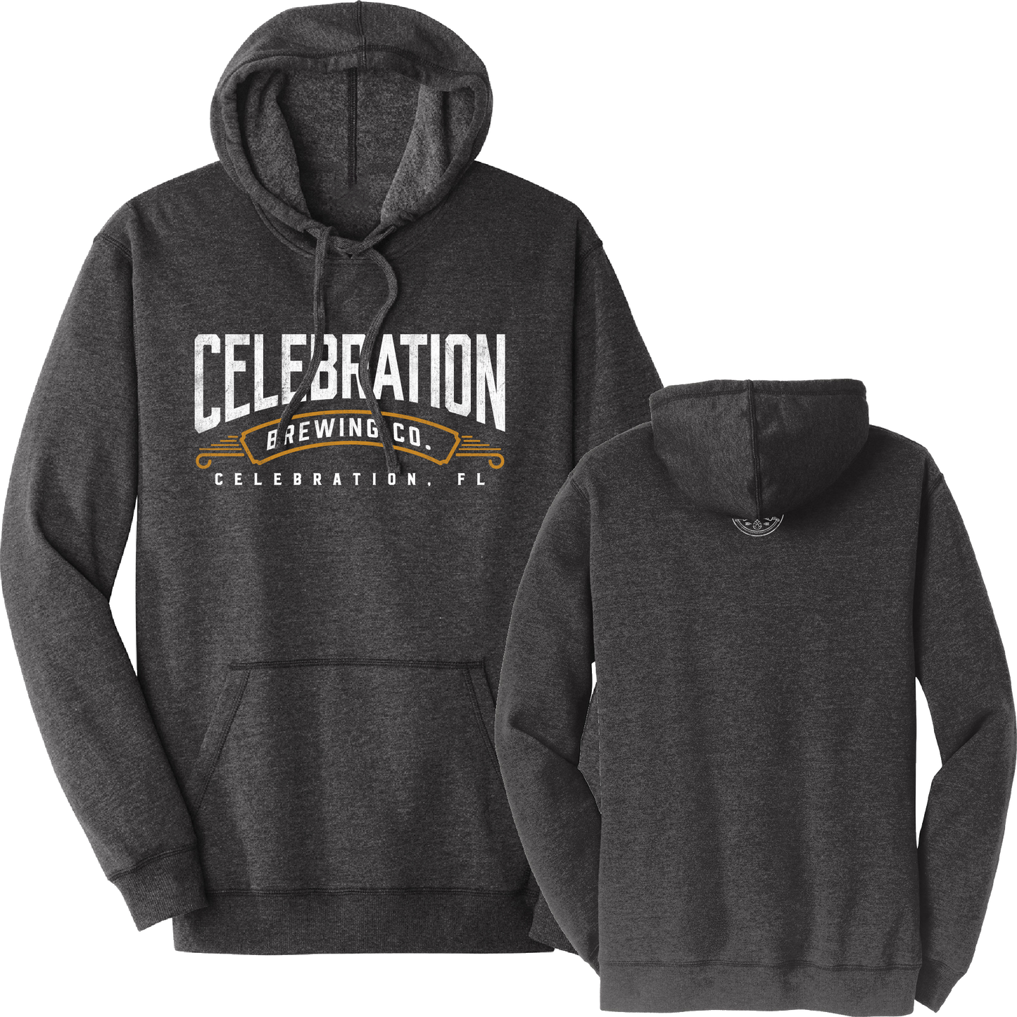 A dark heather gray hoodie shown from both front and back. The front features a large graphic print reading 'CELEBRATION BREWING CO.