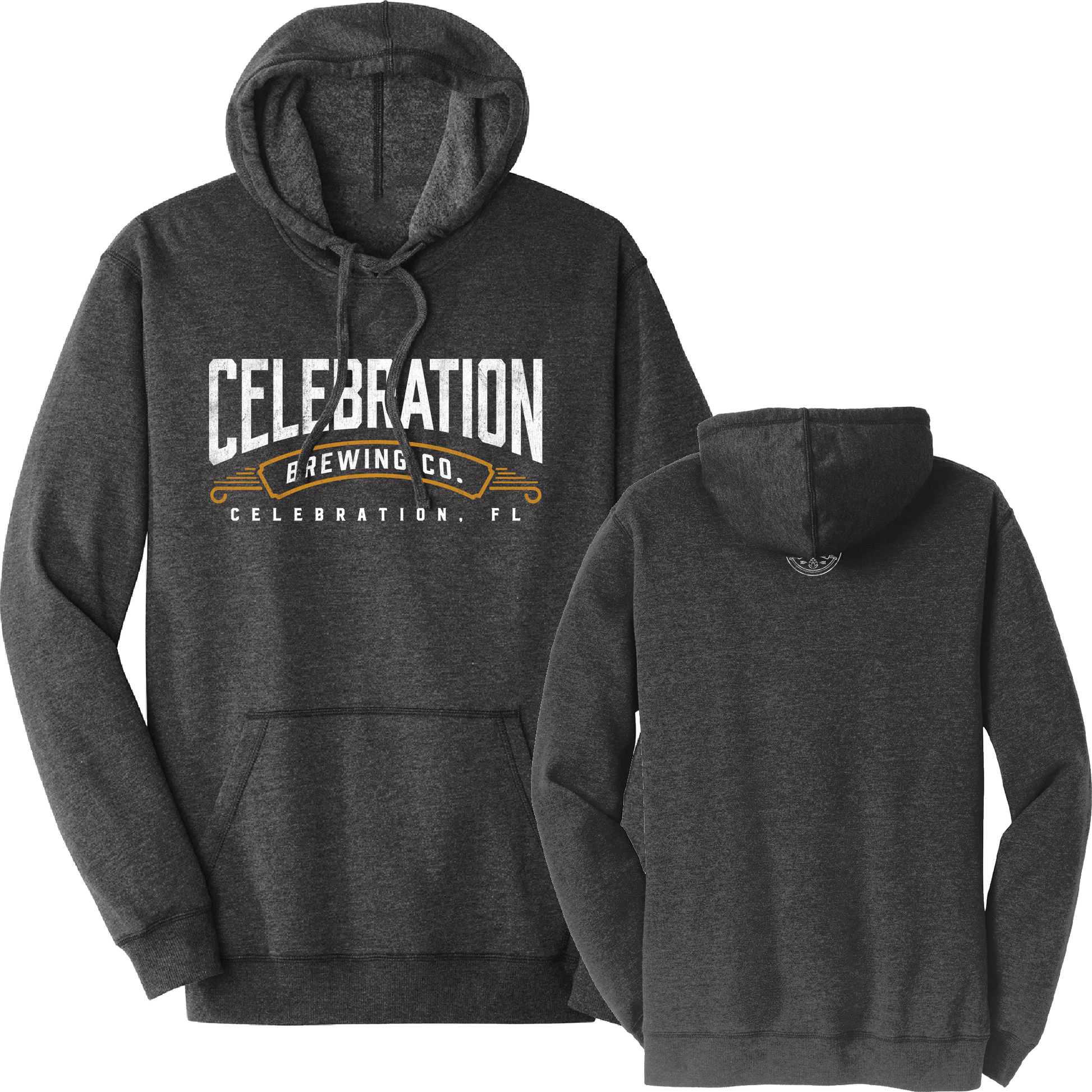 A dark heather gray hoodie shown from both front and back. The front features a large graphic print reading 'CELEBRATION BREWING CO.
