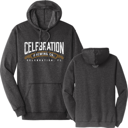 A dark heather gray hoodie shown from both front and back. The front features a large graphic print reading 'CELEBRATION BREWING CO.