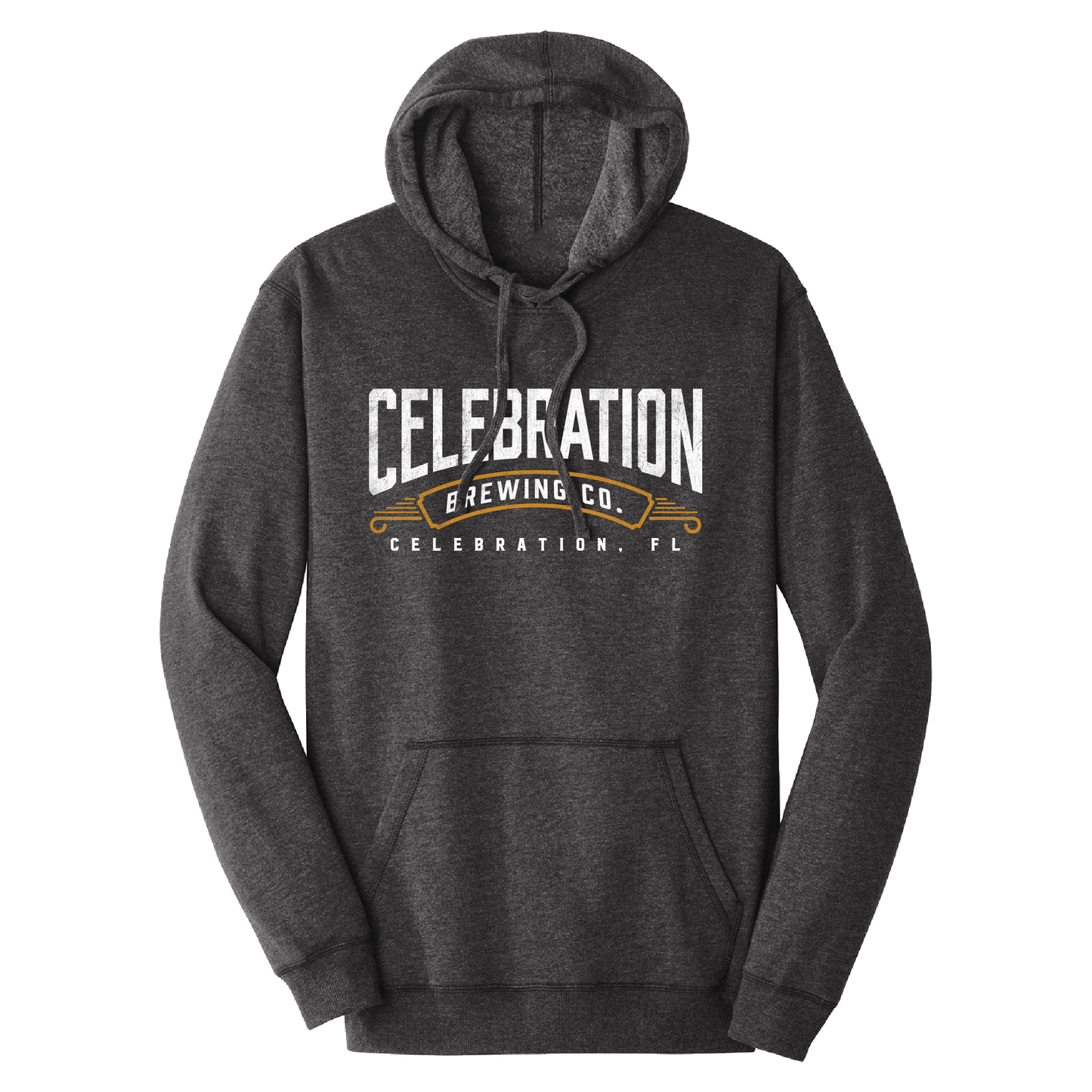 A dark heather gray pullover hoodie with a front graphic that reads 'CELEBRATION BREWING CO.' and 'CELEBRATION, FL' in white and gold, shown on a plain white background.