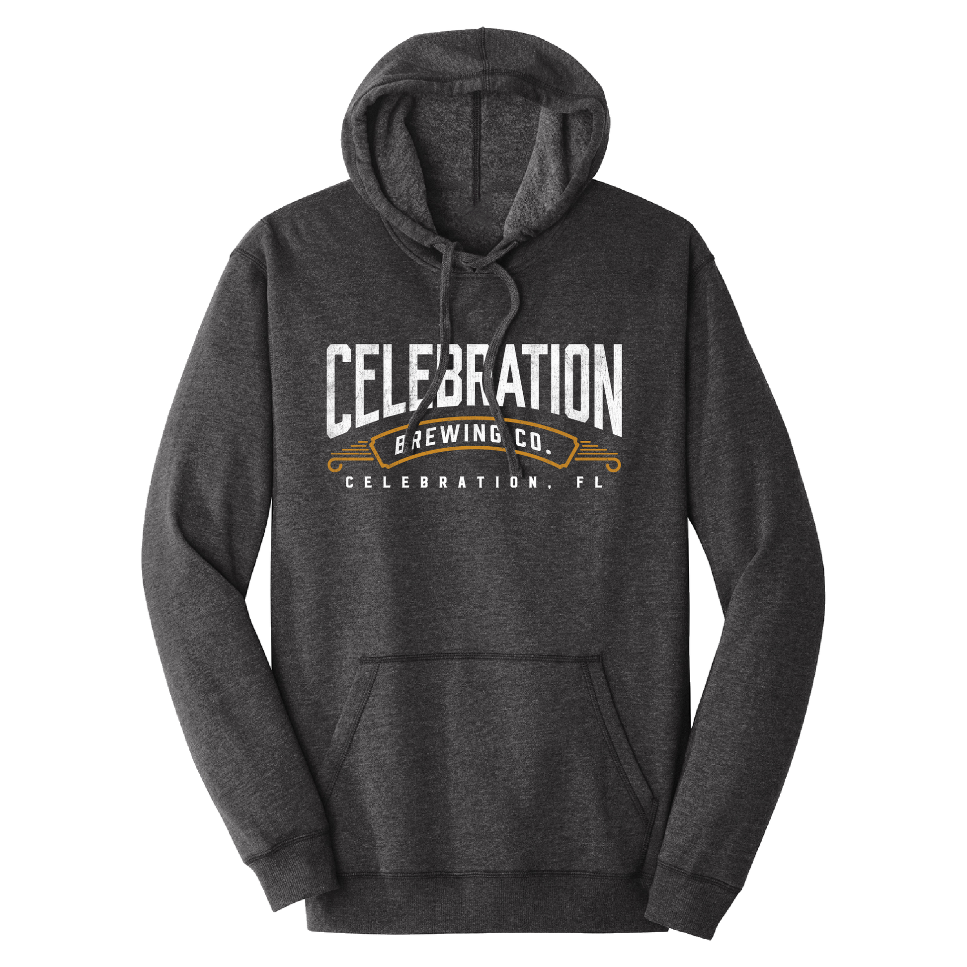 A dark heather gray pullover hoodie with a front graphic that reads 'CELEBRATION BREWING CO.' and 'CELEBRATION, FL' in white and gold, shown on a plain white background.