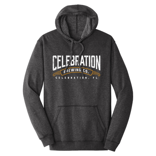 A dark heather gray pullover hoodie with a front graphic that reads 'CELEBRATION BREWING CO.' and 'CELEBRATION, FL' in white and gold, shown on a plain white background.