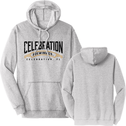 A light heather gray pullover hoodie shown from both front and back. The front features a black and gold graphic reading 'CELEBRATION BREWING CO.
