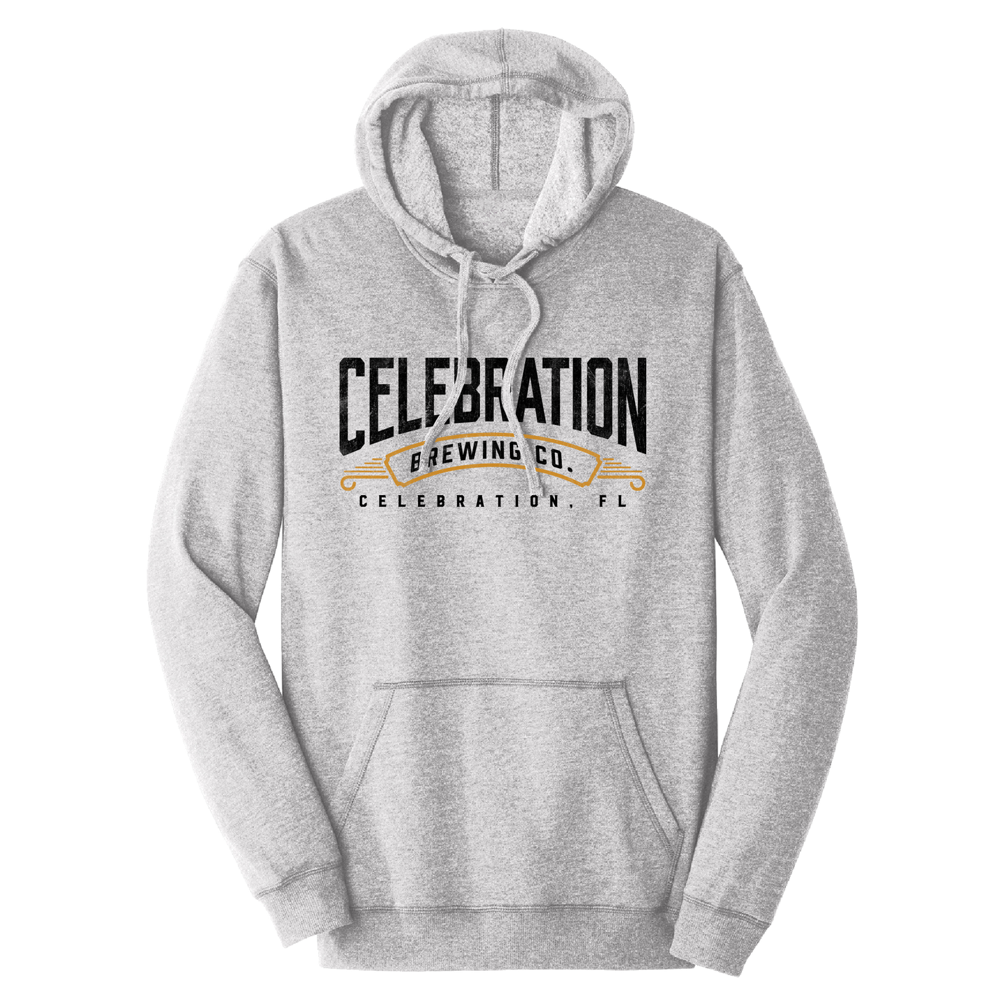 A light heather gray pullover hoodie with a front kangaroo pocket and drawstring hood, featuring a black and gold graphic print on the chest that reads 'CELEBRATION BREWING CO. CELEBRATION, FL'.