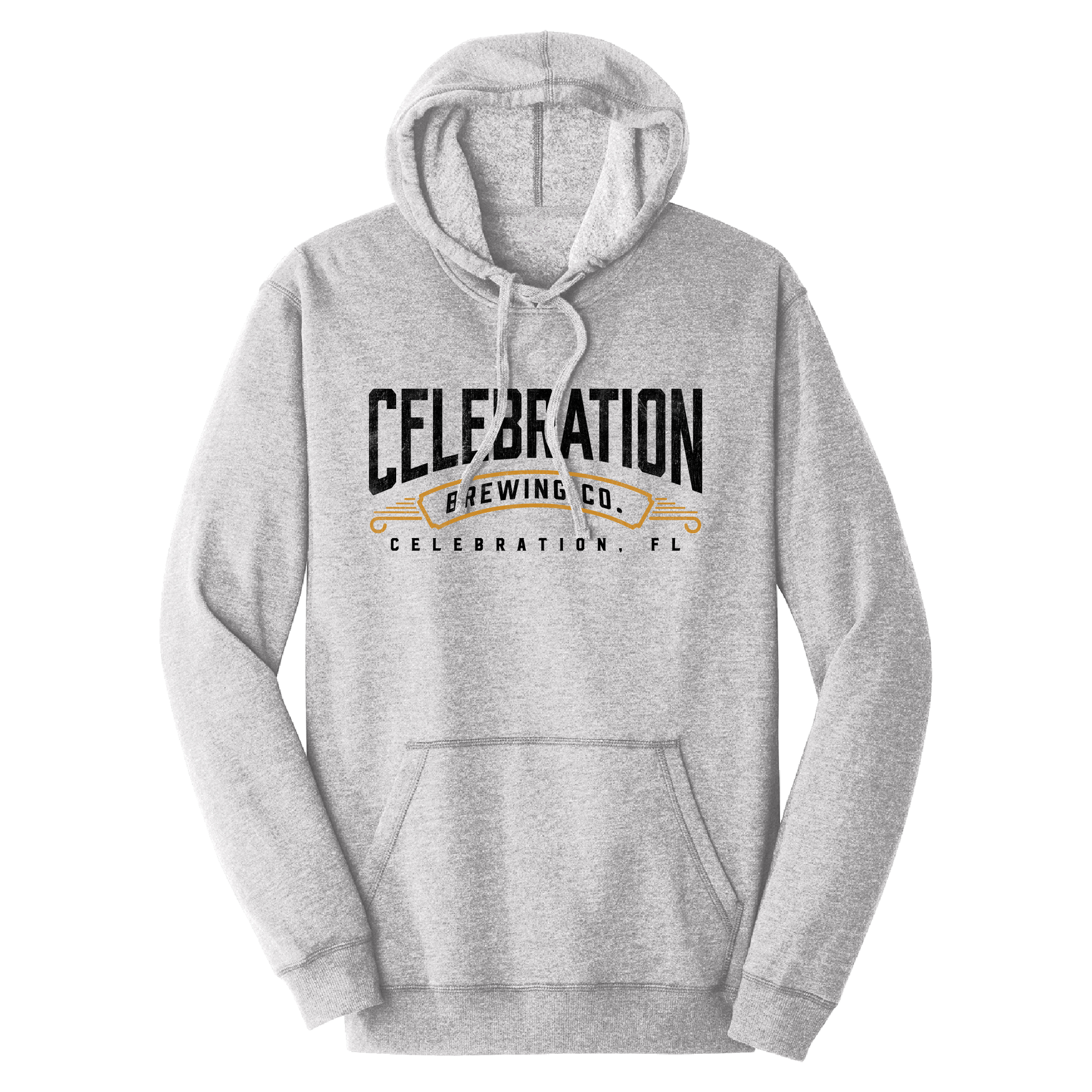 A light heather gray pullover hoodie with a front kangaroo pocket and drawstring hood, featuring a black and gold graphic print on the chest that reads 'CELEBRATION BREWING CO. CELEBRATION, FL'.