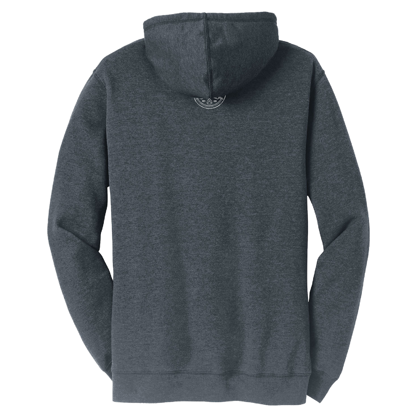 A dark heather gray hoodie shown from the back, featuring a small circular embroidered logo centered below the hood, set against a plain white background.
