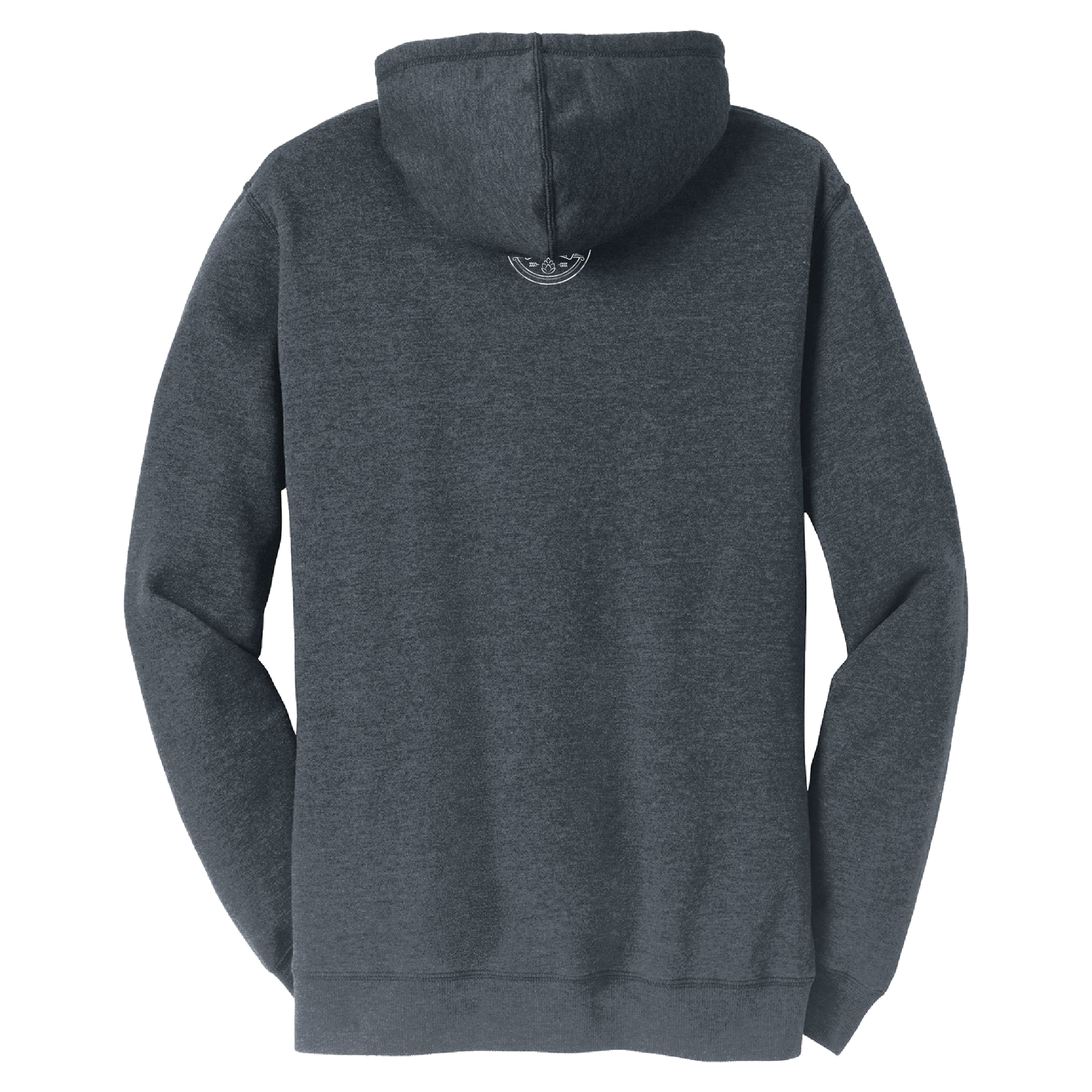 A dark heather gray hoodie shown from the back, featuring a small circular embroidered logo centered below the hood, set against a plain white background.
