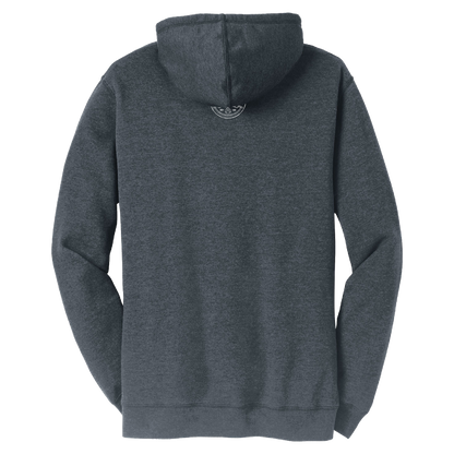 A dark heather gray hoodie shown from the back, featuring a small circular embroidered logo centered below the hood, set against a plain white background.