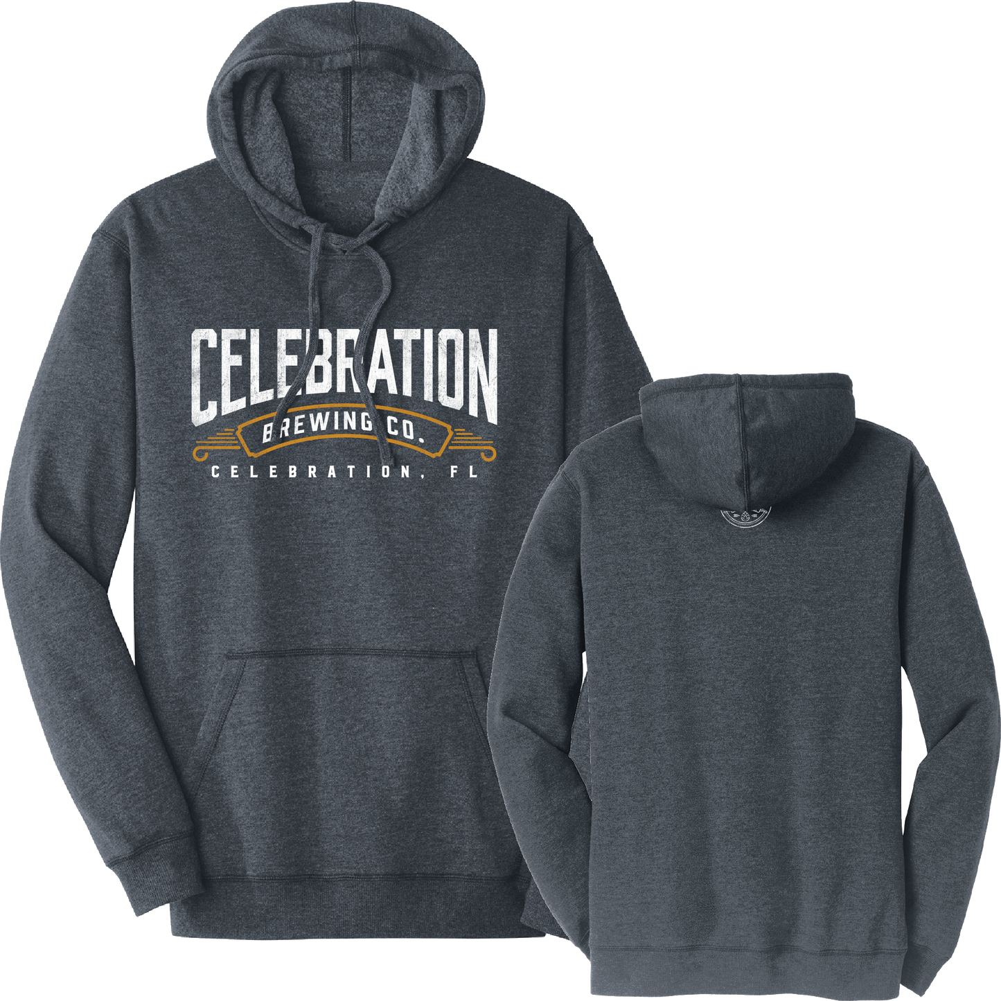 A dark heather gray hoodie shown from both front and back. The front features a large graphic print reading 'CELEBRATION BREWING CO.
