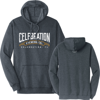 A dark heather gray hoodie shown from both front and back. The front features a large graphic print reading 'CELEBRATION BREWING CO.