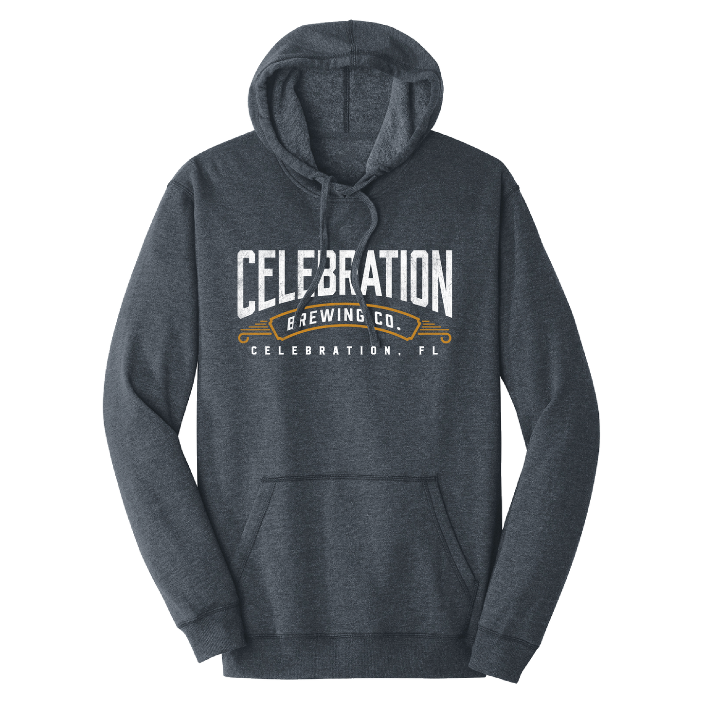 A dark heather gray pullover hoodie with a front graphic that reads 'CELEBRATION BREWING CO.' and 'CELEBRATION, FL' in white and gold, shown on a plain white background.