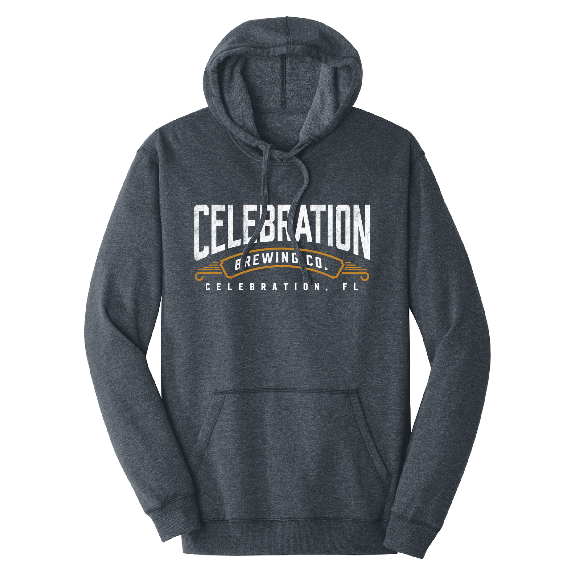 A dark heather gray pullover hoodie with a front graphic that reads 'CELEBRATION BREWING CO.' and 'CELEBRATION, FL' in white and gold, shown on a plain white background.