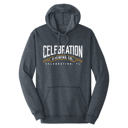 A dark heather gray pullover hoodie with a front graphic that reads 'CELEBRATION BREWING CO.' and 'CELEBRATION, FL' in white and gold, shown on a plain white background.