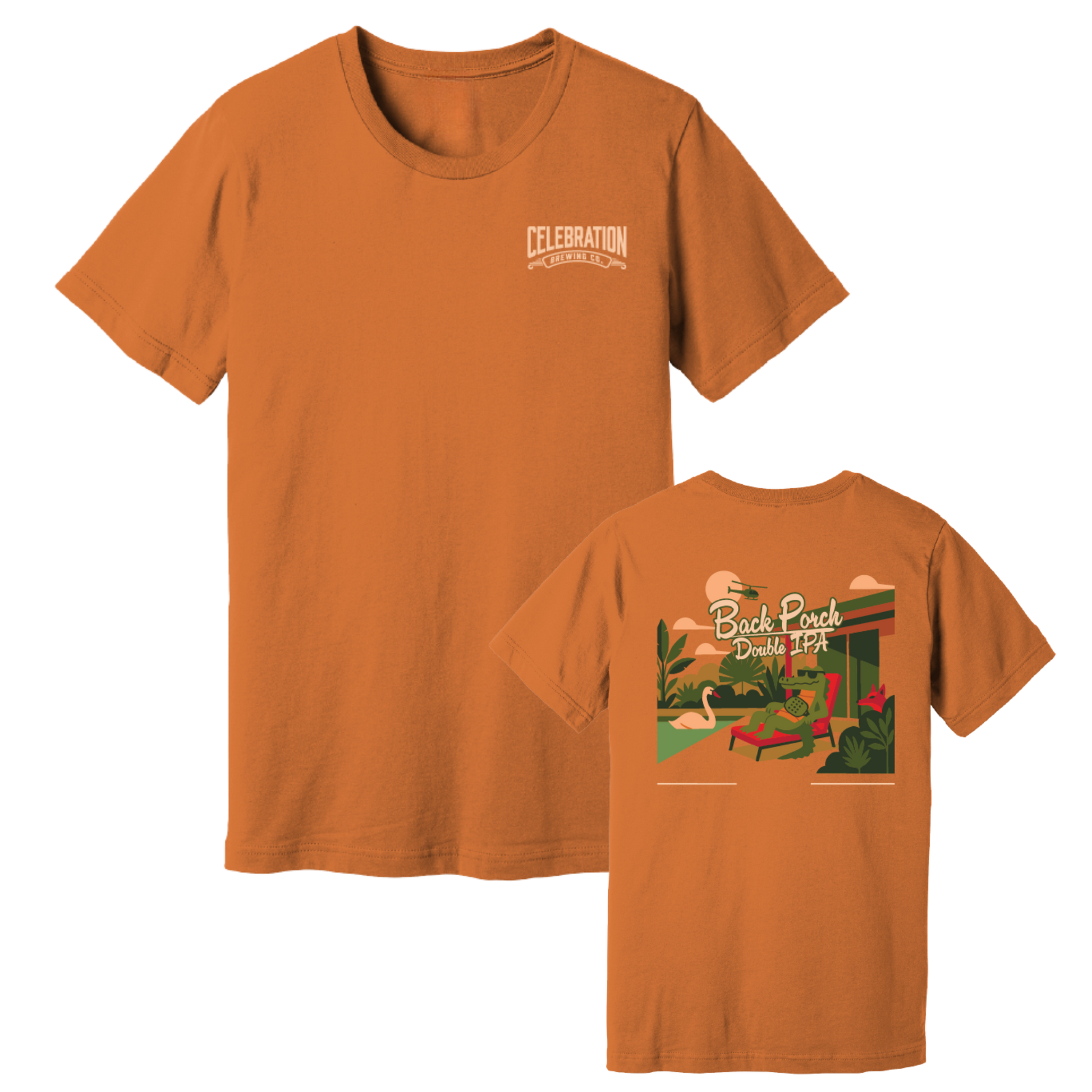 Celebration Brewing Company Back Porch T-Shirt Orange Both